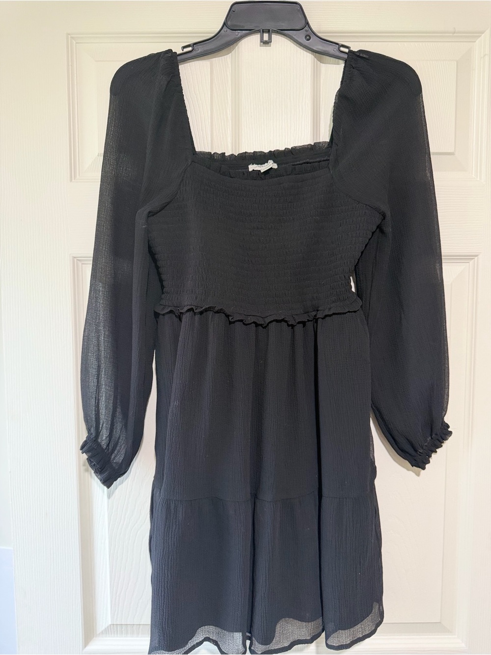 American Eagle Outfitters Black Long-Sleeve Smocked Mini Dress